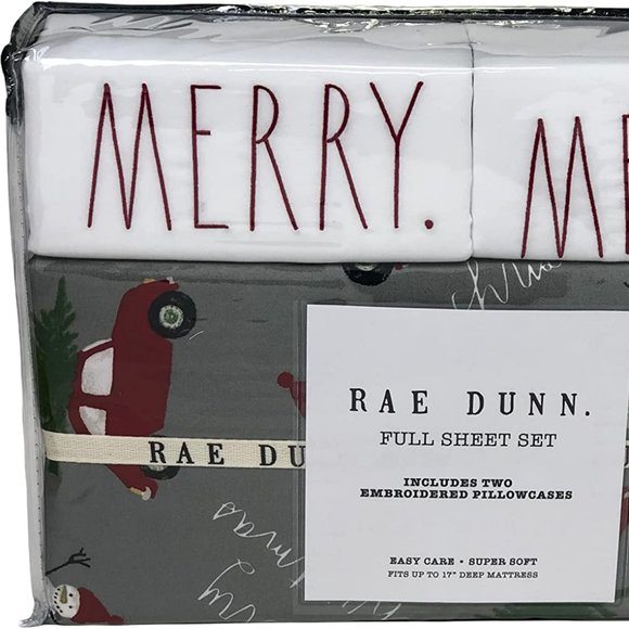 RAE DUNN CHRISTMAS 4-pc Full Size SHEET SET - Snowman Car Tree - Picture 1 of 2